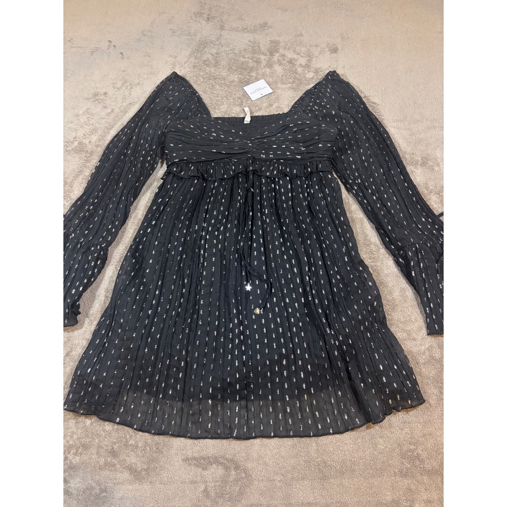 NWT American Eagle Black Silver Metallic Long Sleeve Mini Dress Medium